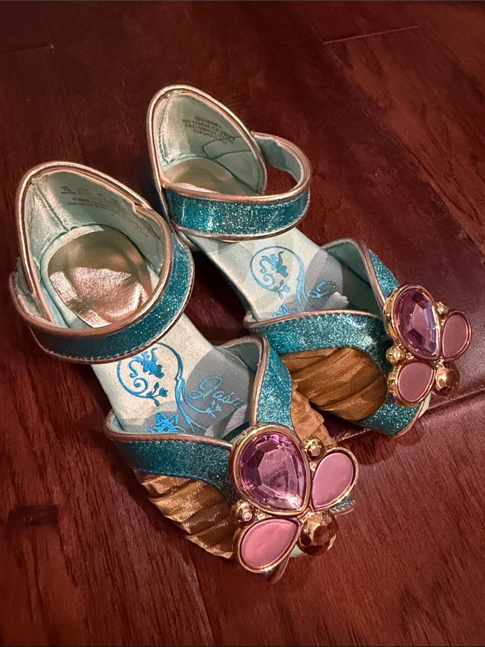 Disney Teal Glitter Girls Sandals with Pink and Purple Gem Flower Accents